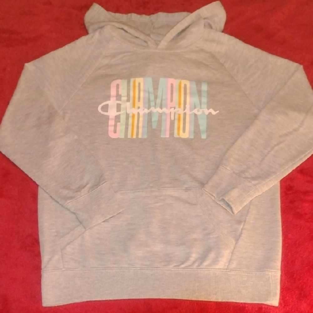 Champion Light Gray Hoodie with Pastel Multi‑Color Logo